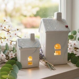 Charming White Ceramic House Lantern Set